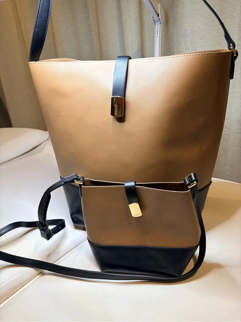Old Navy Two-Tone Brown and Black Leather Shoulder Tote
